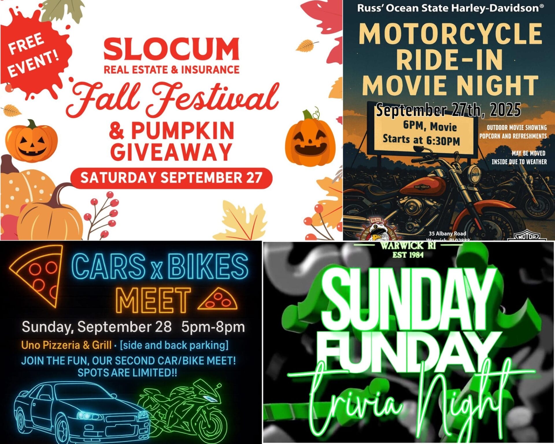 [Credit: WP Composite] This week’s Warwick Weekend Events a fall festival, a motorcycle ride-in movie night, a car and bike meet, and the usual Sunday night trivia.