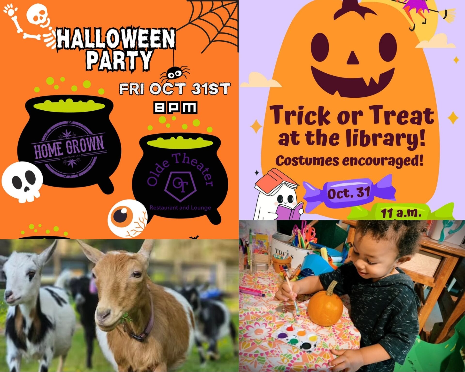 [Credit: WP Composite] This week’s Coventry Weekend Events in Coventry, RI include a Halloween party at OTD and Trick-or-Treat at Coventry Public Library, along with the usual pumpkin painting and goat events.