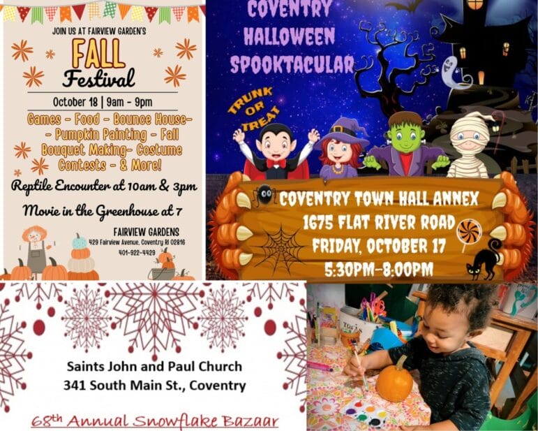 [Credit: WP Composite] This week’s Coventry Weekend Events in Coventry, RI include the Coventry Halloween Spooktacular, Fairview Garden’s Fall Festival, the annual Snowflake Bazaar, and pumpkin painting.