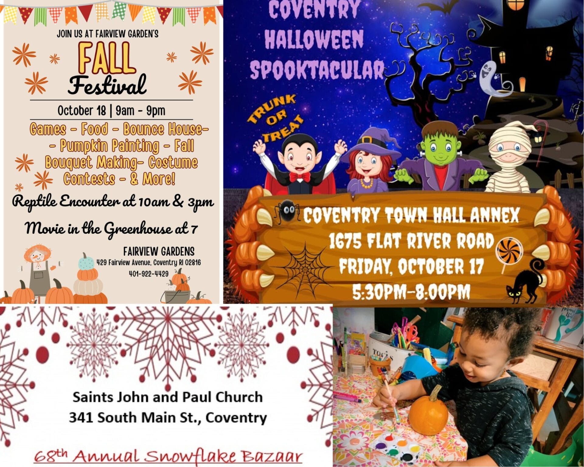 [Credit: WP Composite] This week’s Coventry Weekend Events in Coventry, RI include the Coventry Halloween Spooktacular, Fairview Garden’s Fall Festival, the annual Snowflake Bazaar, and pumpkin painting.
