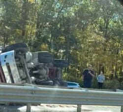 [CREDIT: Cheryl Milson] A semi roIlover and tipped trailer on  Rte. 95N in the area of Coventry/West Warwick blocked both lanes Tuesday at about 2 p.m.