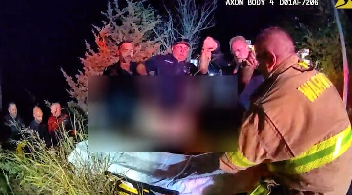 [CREDIT: WPD] Officers Matthew Maloney, Nicholas Manocchio, and Maxwell Neiley rescued a drowning driver from Apponaug Cove Oct. 18, 20205 at about 7:17 p.m., delivering him to WFD rescue personnel, who began life-saving efforts and transported him to Kent Hospital.