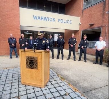 [CREDIT: WPD] Warwick Police Chief Michael Lima, Mayor Frank Picozzi, WFD Chief Peter McMichael and Sen. Michael LaMountain honored officers Matthew Maloney, Nicholas Manocchio, and Maxwell Neiley for their Oct. 18 rescue of a drowning driver,