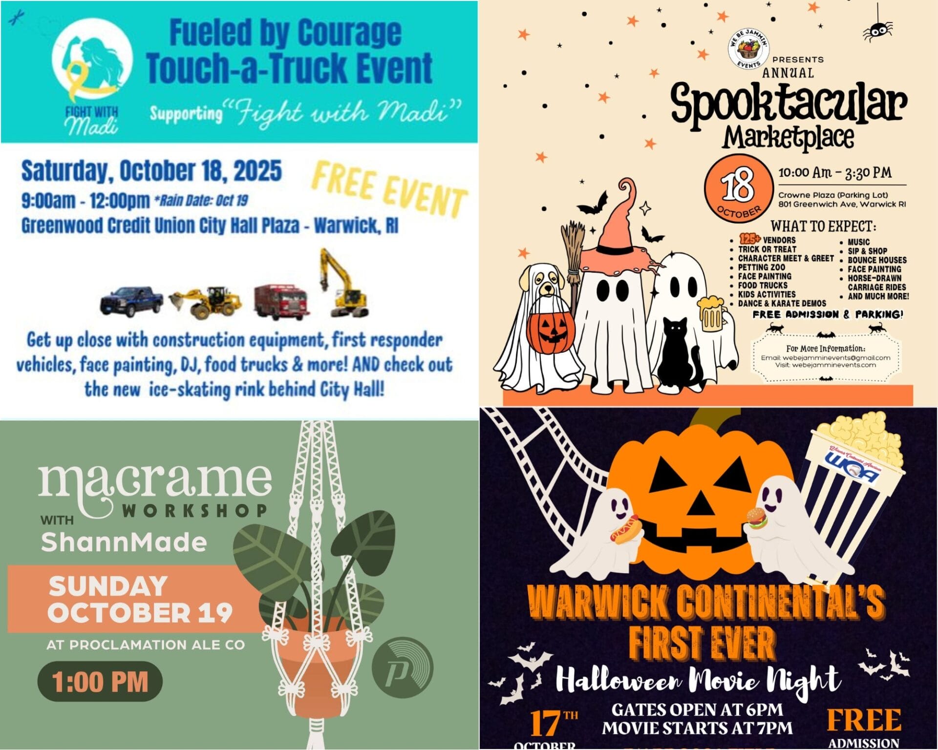 [Credit: WP Composite] This week’s Warwick Weekend Events include a Touch-a-Truck fundraiser, the Halloween Spooktacular marketplace, a crafting event at Proclamation Ale, and a Halloween movie night.