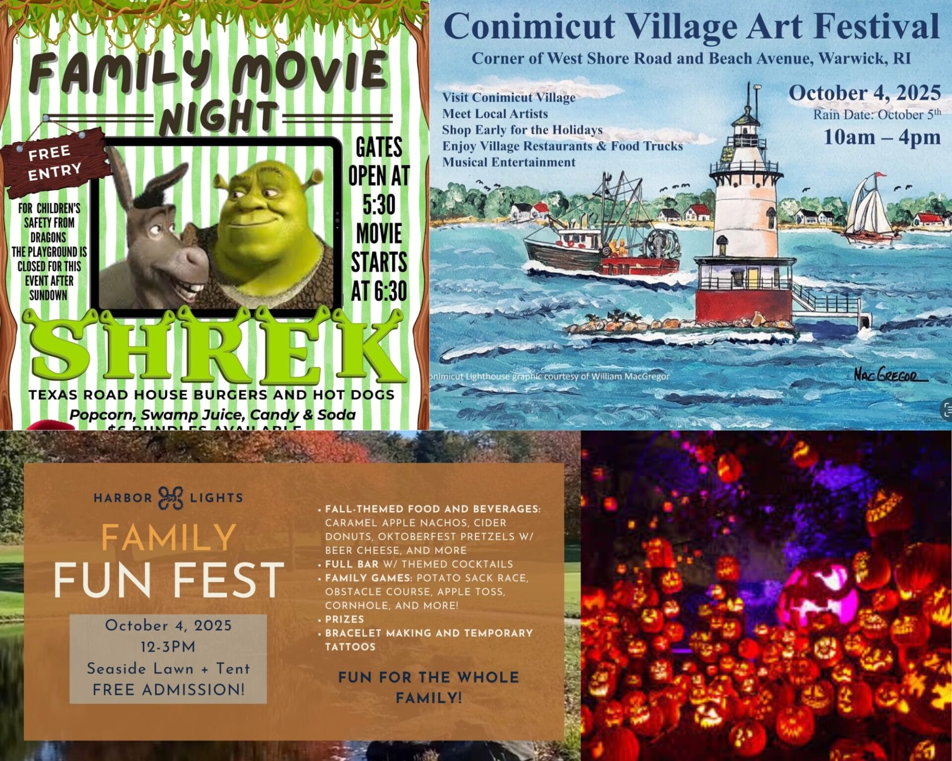 [Credit: WP Composite] This week’s Warwick Weekend Events include the Conimicut Village Art Festival, a family movie night, a family fun fest, and the annual Jack-O-Lantern Spectacular.