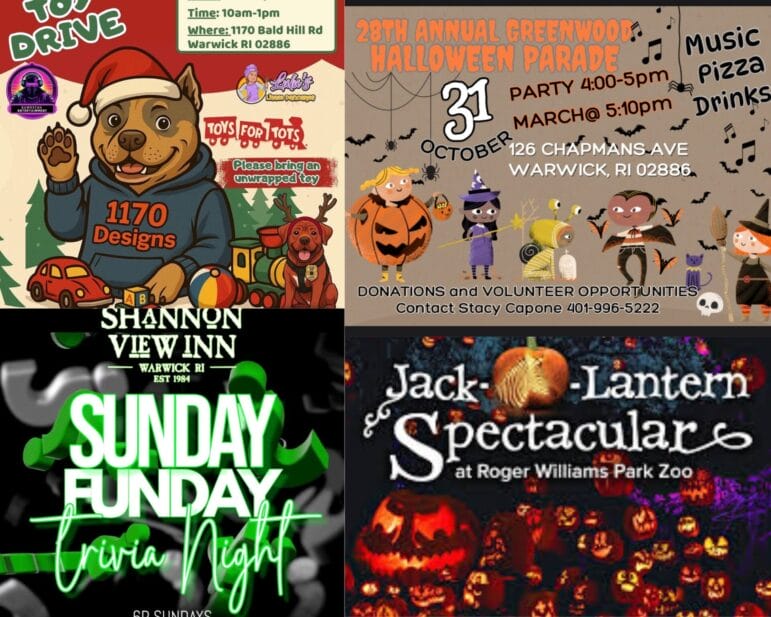 [Credit: WP Composite] This week’s Warwick Weekend Events include a Toys for Tots Cars and Coffee event, a Halloween parade, a fundraiser for TigerEye Gift Shop, with the usual Jack-o-Lantern Spectacular and Sunday trivia.