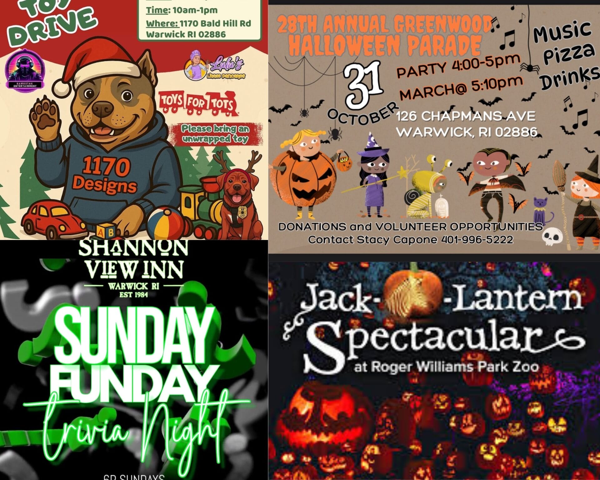 [Credit: WP Composite] This week’s Warwick Weekend Events include a Toys for Tots Cars and Coffee event, a Halloween parade, a fundraiser for TigerEye Gift Shop, with the usual Jack-o-Lantern Spectacular and Sunday trivia.