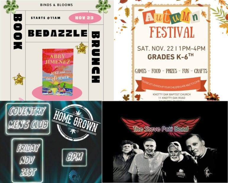 [Credit: WP Composite] This week’s Community Coventry  Events in Coventry, RI a book bedazzling brunch, an autumn festival, and several live music opportunities.