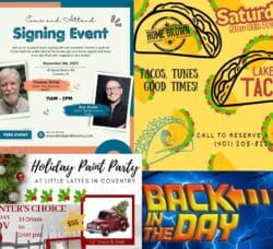 [Credit: WP Composite] This week’s Coventry Community Events in Coventry, RI include live music at Lake Tace and OTD, a holiday paint party, and a children’s book signing.