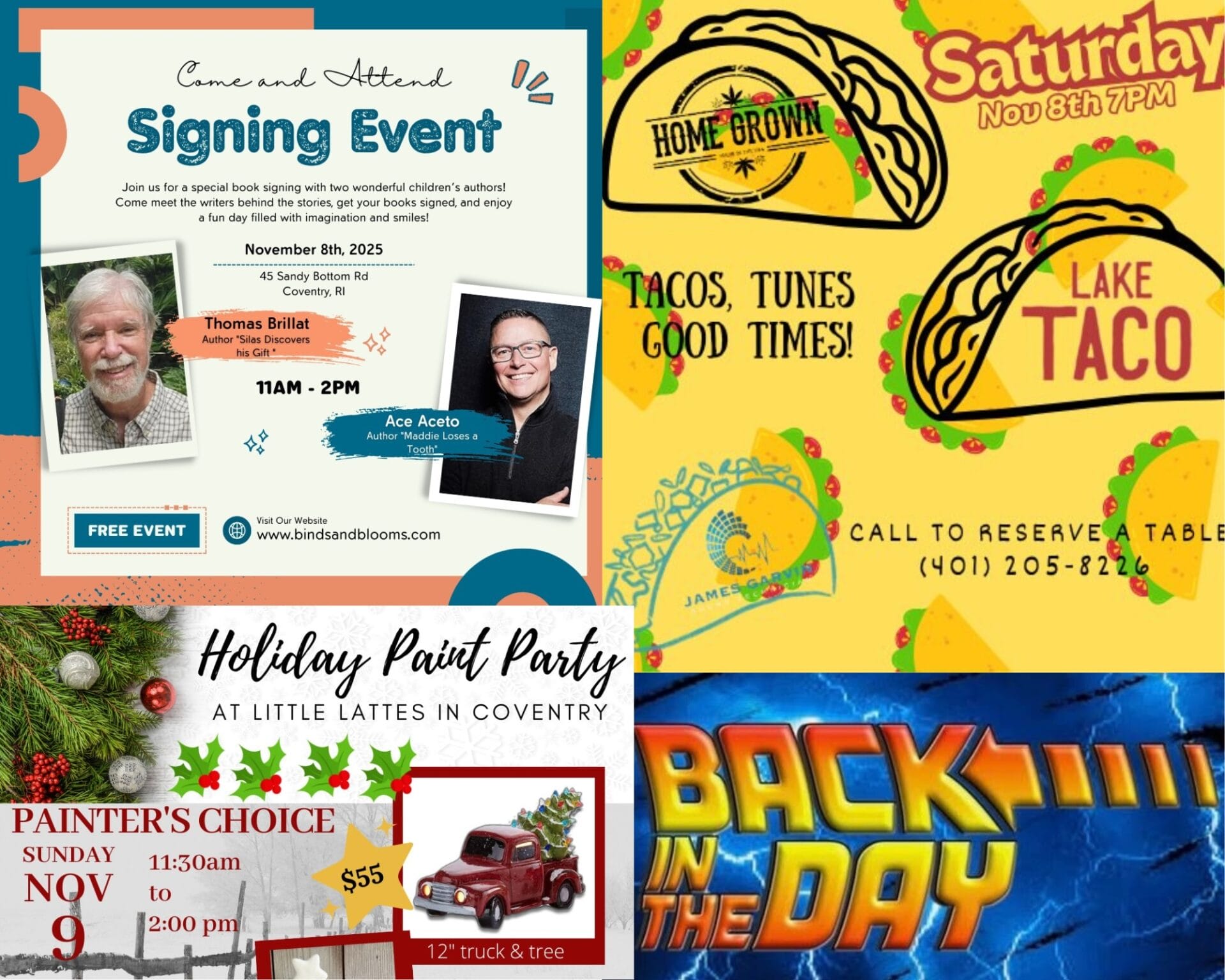 [Credit: WP Composite] This week’s Coventry Community Events in Coventry, RI include live music at Lake Tace and OTD, a holiday paint party, and a children’s book signing.