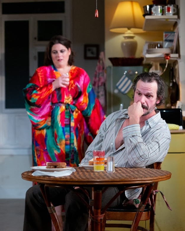 [CREDIT: Cat Laine] From left, Liliane Klein as Frankie and Anthony Goes as Johnny discuss their long-term compatibility after a passionate date in Gamm's production of 'Frankie and Johnny In The Claire De Lune.'