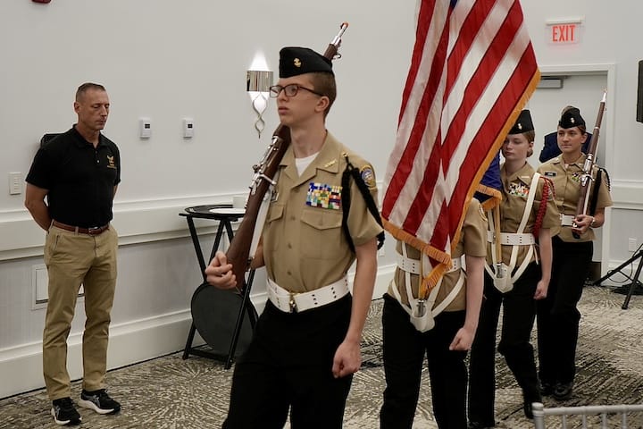 [CREDIT: Katherine Riordan] RI veterans were treated to U.S. Rep Magaziner's annual veterans breakfast Monday, Nov. 10, 2025 at Crowne Plaza Warwick. Above, the Coventry High School Navy Junior ROTC (NJROTC) Color Guard opened and closed the ceremony.