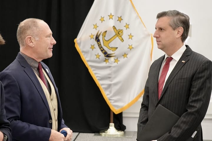 [CREDIT: Katherine Riordan] From Left, Erik Wallin, Operation Stand Down, and Rep. Seth Magaziner at the veterans breakfast Monday, Nov. 10, 2025 at Crowne Plaza Warwick.