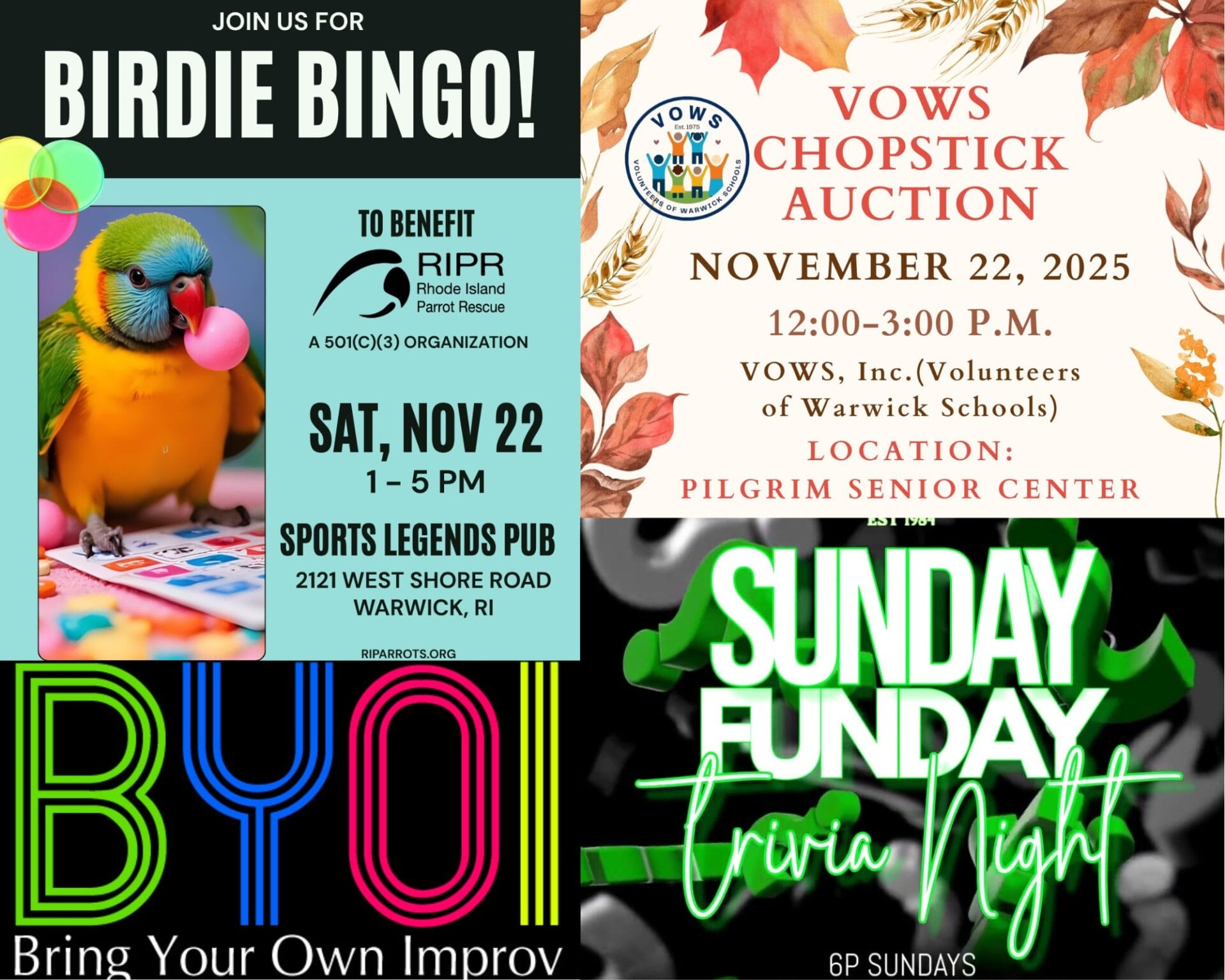 [Credit: WP Composite] This week’s Warwick Weekend Events include birdie bingo and a chopstick auction, along with the usual improv classes and trivia night.