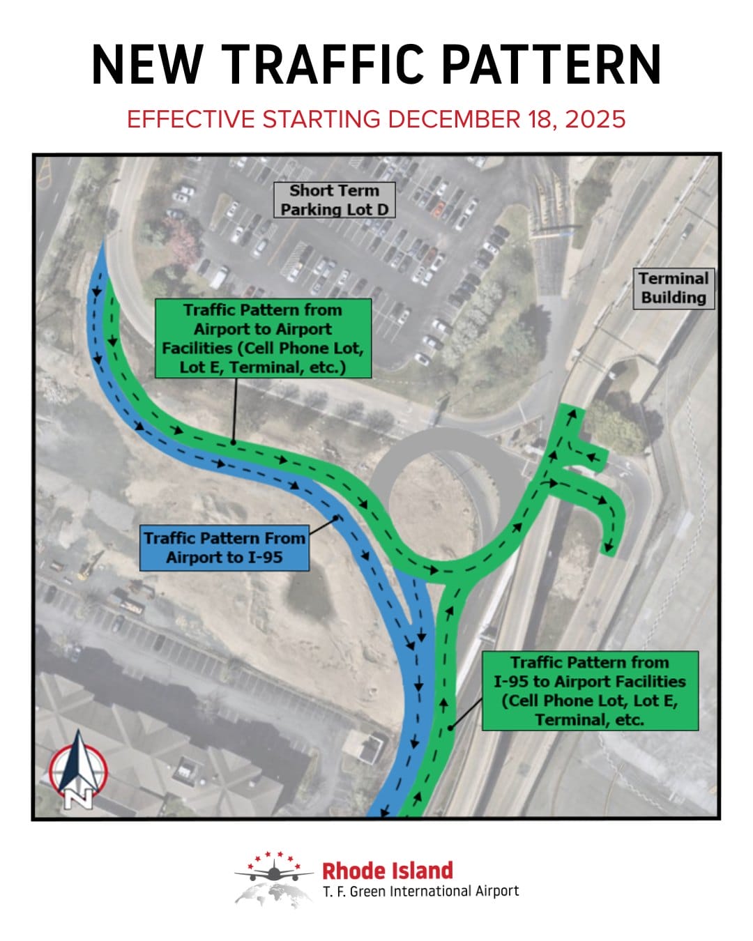 [CREDIT: TF Green Airport] A new traffic pattern has shifted lanes at the Airport Connector starting Thursday, Dec. 18, 2025.
