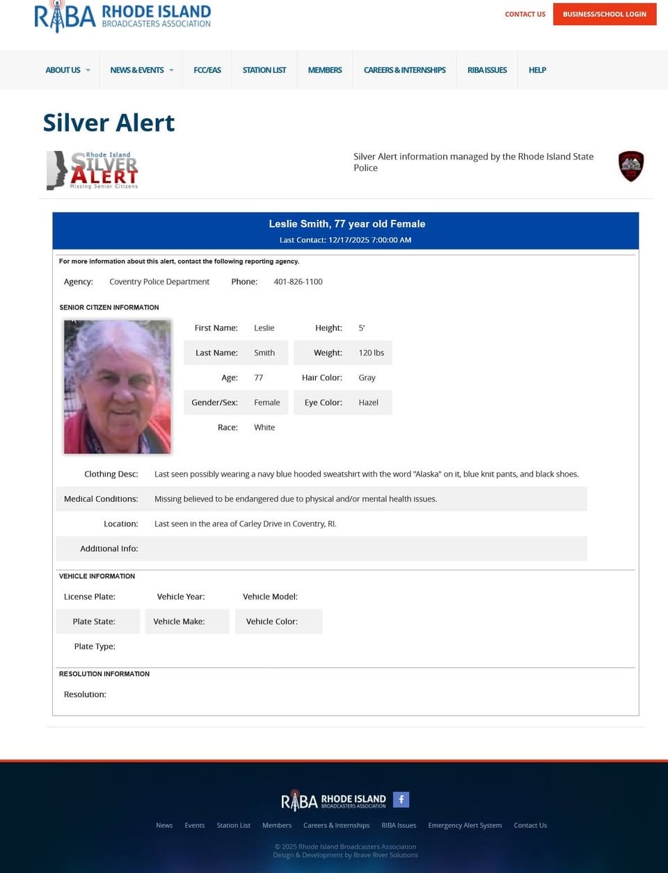 [CREDIT: CPD] Coventry Police have issued a Silver Alert for Leslie Smith, 77, last seen near Carley Drive in Coventry, RI.