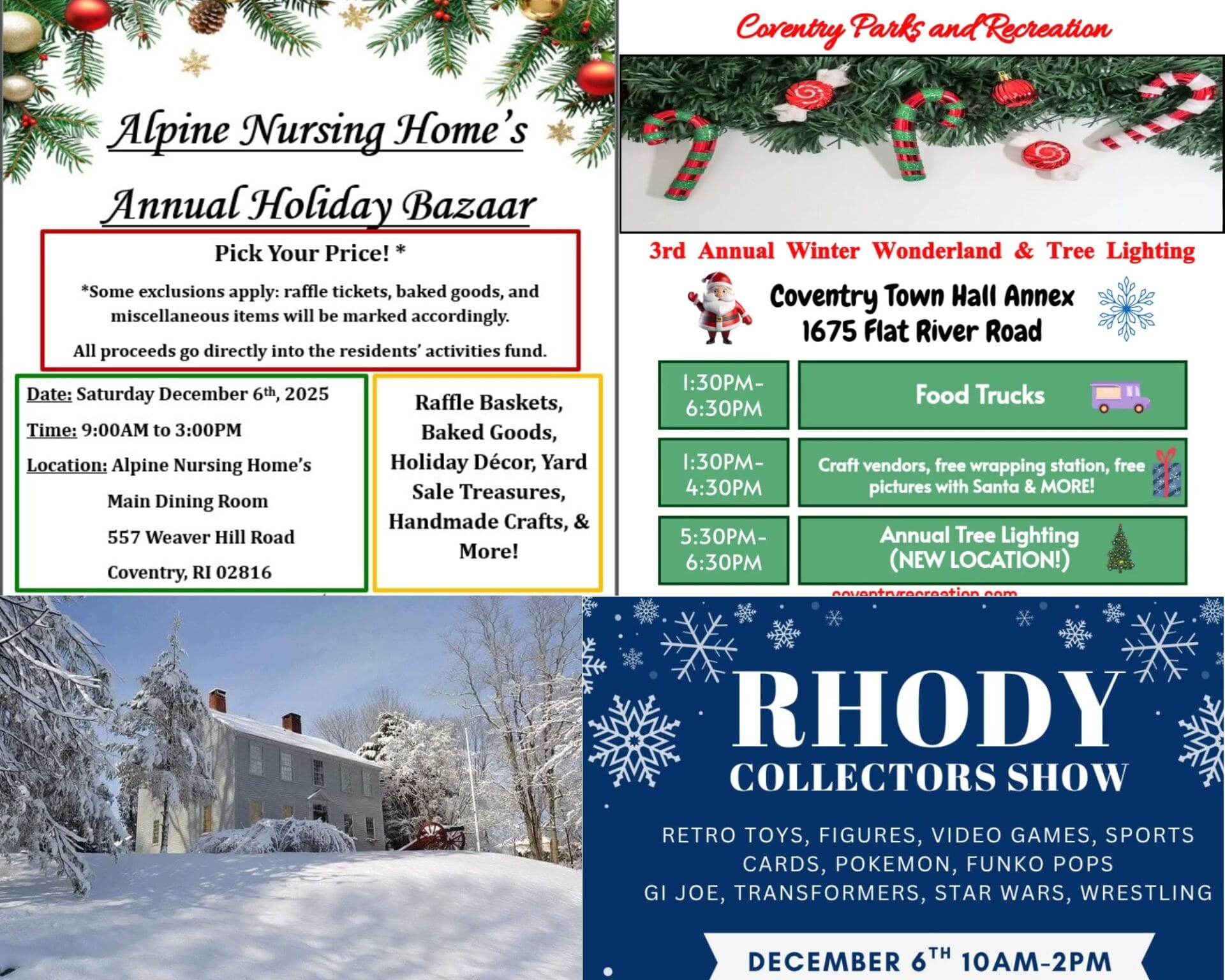 [Credit: WP Composite] This week’s Community Coventry Events in Coventry, RI feature a tree lighting, a holiday bazaar, a collectors show, and a Yuletide event at Spell Hall.