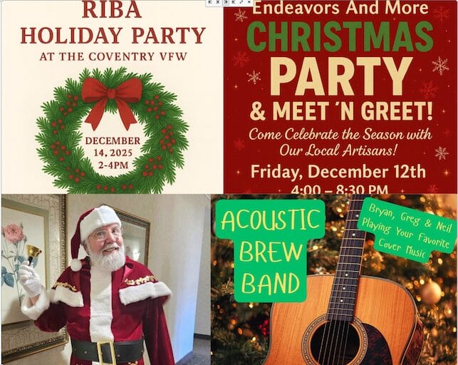 [Credit: WP Composite] This week’s Coventry Community Events in Coventry, RI feature pictures with Santa, an artisans Christmas party, a honey tasting holiday party, and live music at Lake Taco