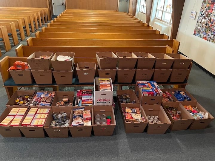 [CREDIT: Steve Sjogren] Food all packed up for West Bay Marketplace to pick up after the Lakewood Baptist Thanksgiving Food Drive.