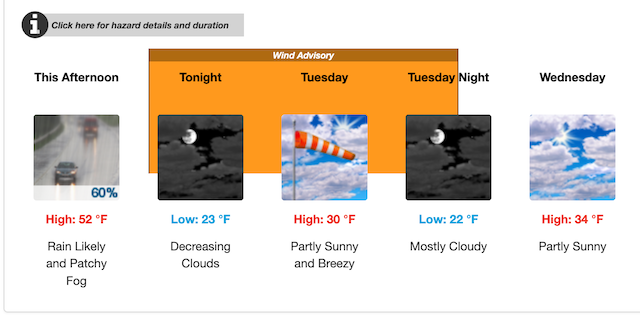 [CREDIT: NWS] The National Weather Service has issued a high wind advisory from Monday night through Tuesday night.