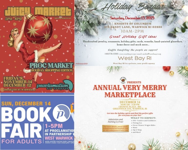 [Credit: WP Composite] This week’s Warwick Weekend Events include a Holiday Bazaar, several holiday markets, and an adult book fair.