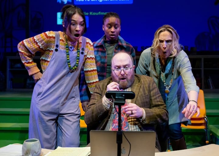 [CREDIT: Cat Laine] From left, Meiko (Jihan Haddad); Don (Gabriel Graetz), Carina (Daraja Hinds) adn Eli (Benjamin Grills), Suzanne (Deb Martin), are astonished in GAMM Theater's production of 'Eureka Day'.