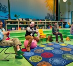 [CREDIT: Cat Laine] From left, Jihan Haddad, Gabriel Graetz, Daraja Hinds, and Deb Martin discuss vaccines and other issues in GAMM Theater's production of 'Eureka Day'.