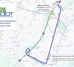 [CREDIT: RIDOT] On Friday, Jan. 16, RIDOT will temporarily close the ramp from Jefferson Boulevard to I-95 South in Warwick.