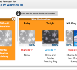 [CREDIT: NWS] The National Weather Service issued a Winter Weather Advisory until 7 a.m. Monday. Warwick has a parking ban in effect until noon Monday.