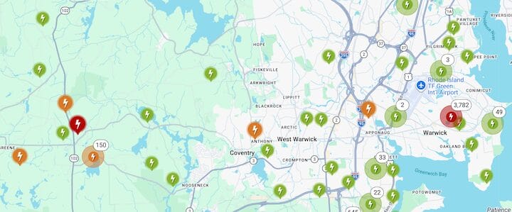 [CREDIT: RI Energy] RI Energy's Power Outage Map shows 20,000 outages in Warwick and Western Coventry. at 8:30 a.m. Monday.