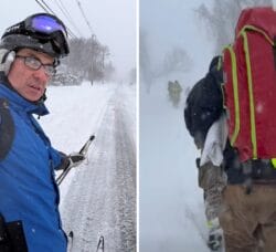 [CREDIT: WP Composite] At left, Dr. Felipe Vivas skis to Kent Hospital during the Blizzard of 2026 Monday. At right, Warwick Fire Department responders hike to an emergency call during the blizzard.
