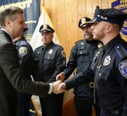 [CREDIT: Rep. Magaziner's Office] Wednesday, U.S. Representative Seth Magaziner (RI-02) joined Warwick Mayor Frank Picozzi, and Warwick Police at the Warwick Police Department, to announce $800K for new WPD radios.