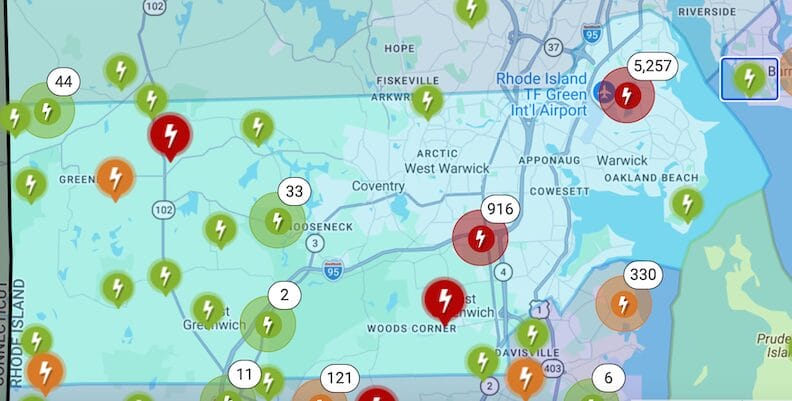 [CREDIT: RI Energy] RI Energy's Power Outage Map shows outages in Warwick and Western Coventry. at 11 a..m. Monday.