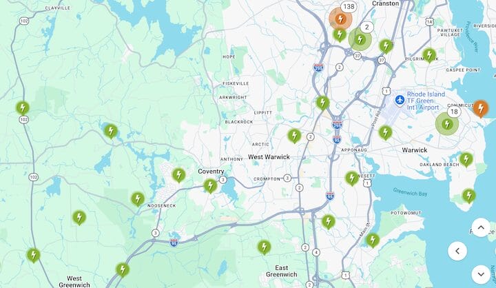 [CREDIT: RI Energy] RI Energy's Power Outage Map shows a few outages in Warwick and Western Coventry. at 6 a..m. Monday.
