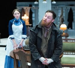 [CREDIT: Cat Laine] In GAMM's production of 'Ghosts,' Regina, played by Jackie Scholl, and her hard-working father Jacob, played by Kelby T. Akin discuss their future. 