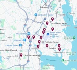 [MAP DATA COPYRIGHT 2026 GOOGLE] A screenshot of DUI arrests made by Warwick Police in February 2026.