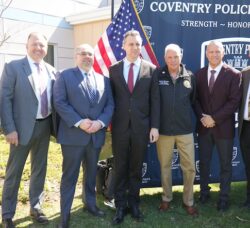 [CREDIT: Rep. Magaziner's Office] From left, RI Sen. Leo Raptakis, Town Manager Dan Parillo, Council President JP Verducci, US Rep. Magaziner, Councilman Frank Brown, and far right, John Preiss, RIDOT Acting Cheif Engineer.